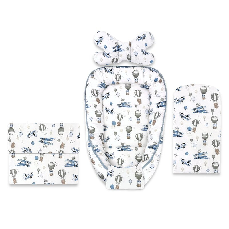 Set 4 in 1 Cosulet bebelus, MimiNu, Baby Cocoon 75x55 cm, Husa bumbac, Din bumbac certificat Oeko Tex Standard 100, Cu paturica 50x70 cm, Cu salteluta, Cu perna fluture, Blue Plane