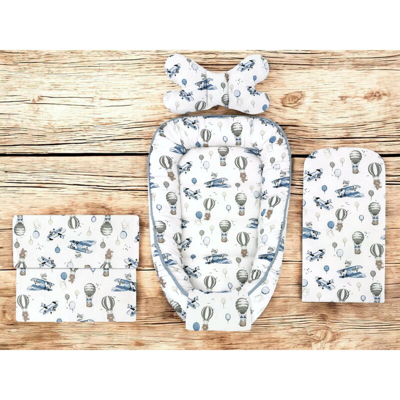 Set 4 in 1 Cosulet bebelus, MimiNu, Baby Cocoon 75x55 cm, Husa bumbac, Din bumbac certificat Oeko Tex Standard 100, Cu paturica 50x70 cm, Cu salteluta, Cu perna fluture, Blue Plane