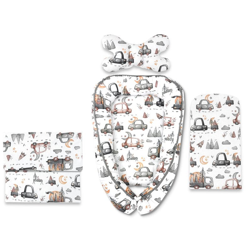 Set 4 în 1 Coșuleț Bebeluș MimiNu Baby Cocoon 75x55 cm Cars Grey | Bumbac Oeko-Tex
