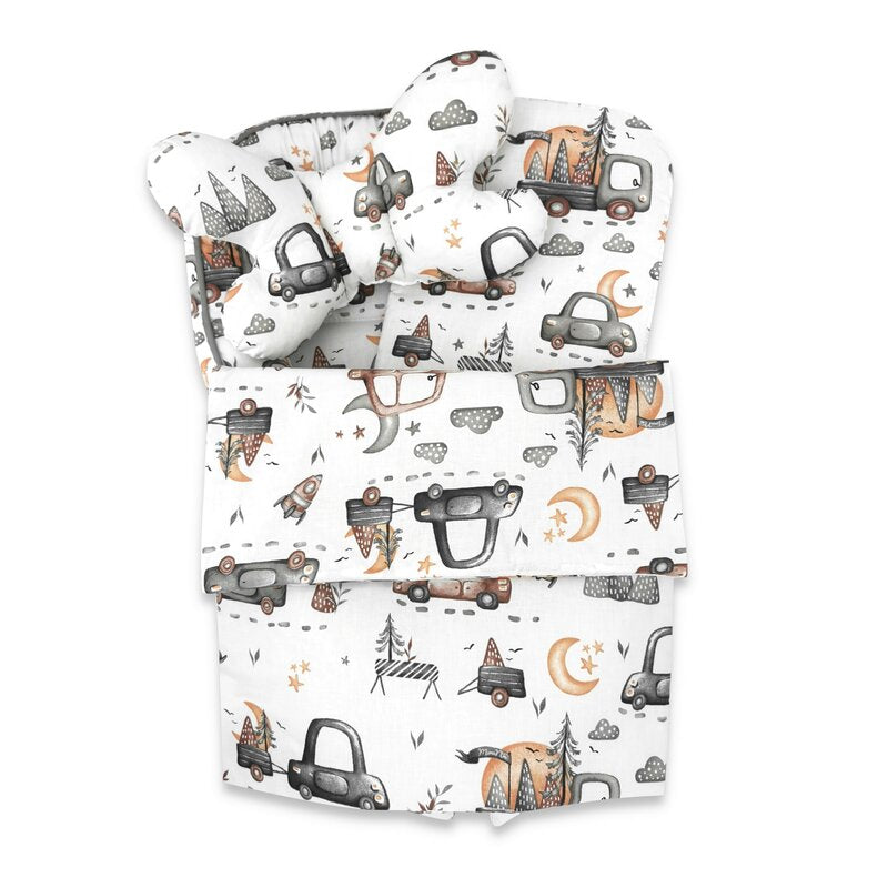 Set 4 în 1 Coșuleț Bebeluș MimiNu Baby Cocoon 75x55 cm Cars Grey | Bumbac Oeko-Tex