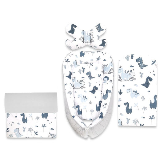 Set 4 în 1 Coșuleț Bebeluș MimiNu Baby Cocoon 75x55 cm Dino Granat | Bumbac Oeko-Tex