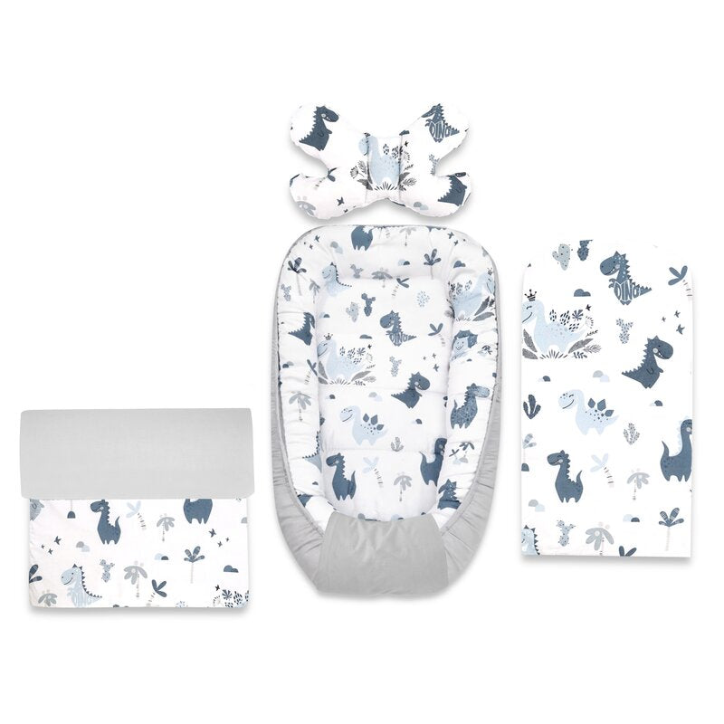 Set 4 in 1 Cosulet bebelus, MimiNu, Baby Cocoon 75x55 cm, Husa bumbac, Din bumbac certificat Oeko Tex Standard 100, Cu paturica 50x70 cm, Cu salteluta, Cu perna fluture, Dino Granat