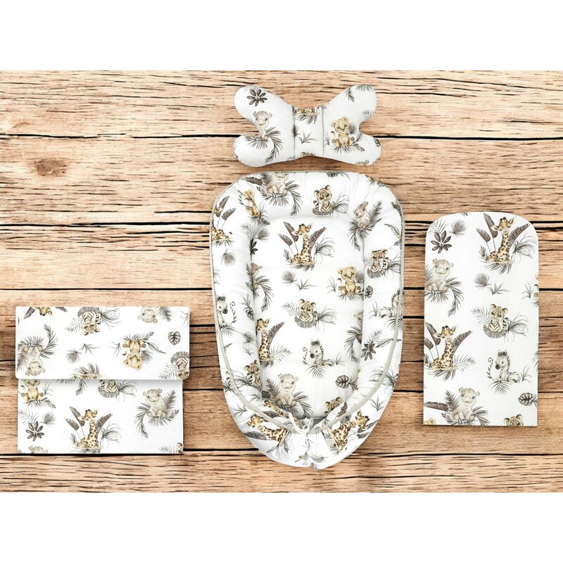 Set 4 in 1 Cosulet bebelus, MimiNu, Baby Cocoon 75x55 cm, Husa bumbac, Din bumbac certificat Oeko Tex Standard 100, Cu paturica 50x70 cm, Cu salteluta, Cu perna fluture, Savanna