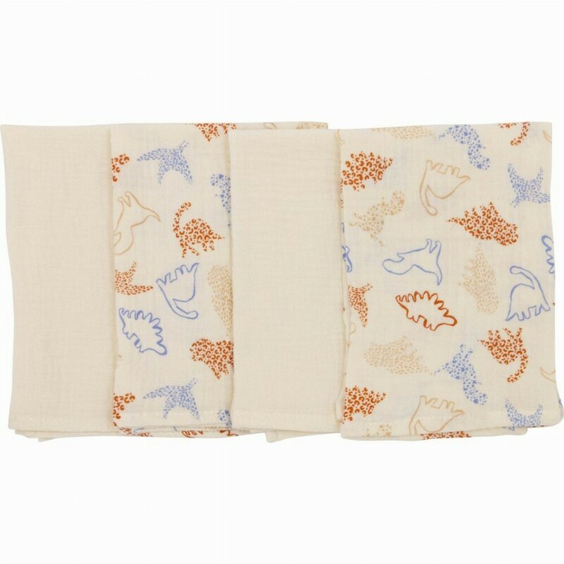 Set 4 lavete, Bubaba, Din muselina, Dimensiune 40x40 cm, Pentru spalarea si ingrijirea fetei si a corpului bebelusului dupa masa sau baita, Beige Animals
