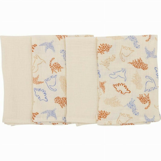 Set 4 lavete, Bubaba, Din muselina, Dimensiune 40x40 cm, Pentru spalarea si ingrijirea fetei si a corpului bebelusului dupa masa sau baita, Beige Animals