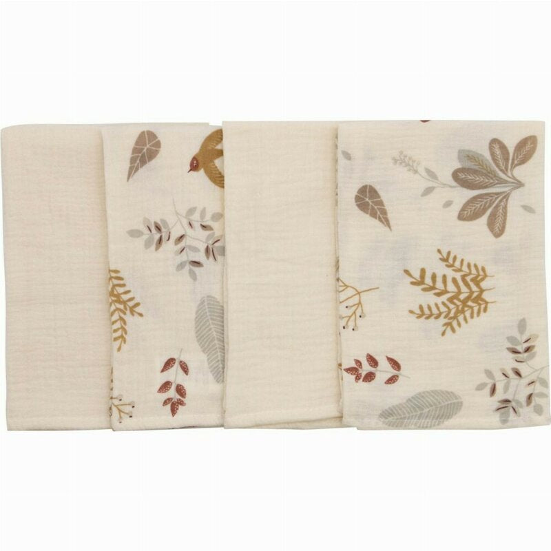 Set 4 lavete, Bubaba, Din muselina, Dimensiune 40x40 cm, Pentru spalarea si ingrijirea fetei si a corpului bebelusului dupa masa sau baita, Beige Leafs