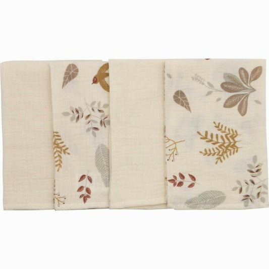Set 4 lavete, Bubaba, Din muselina, Dimensiune 40x40 cm, Pentru spalarea si ingrijirea fetei si a corpului bebelusului dupa masa sau baita, Beige Leafs