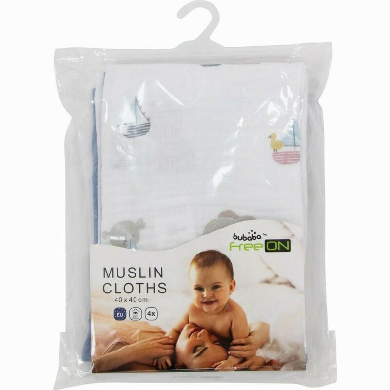 Set 4 lavete, Bubaba, Din muselina, Dimensiune 40x40 cm, Pentru spalarea si ingrijirea fetei si a corpului bebelusului dupa masa sau baita, Blue Ship