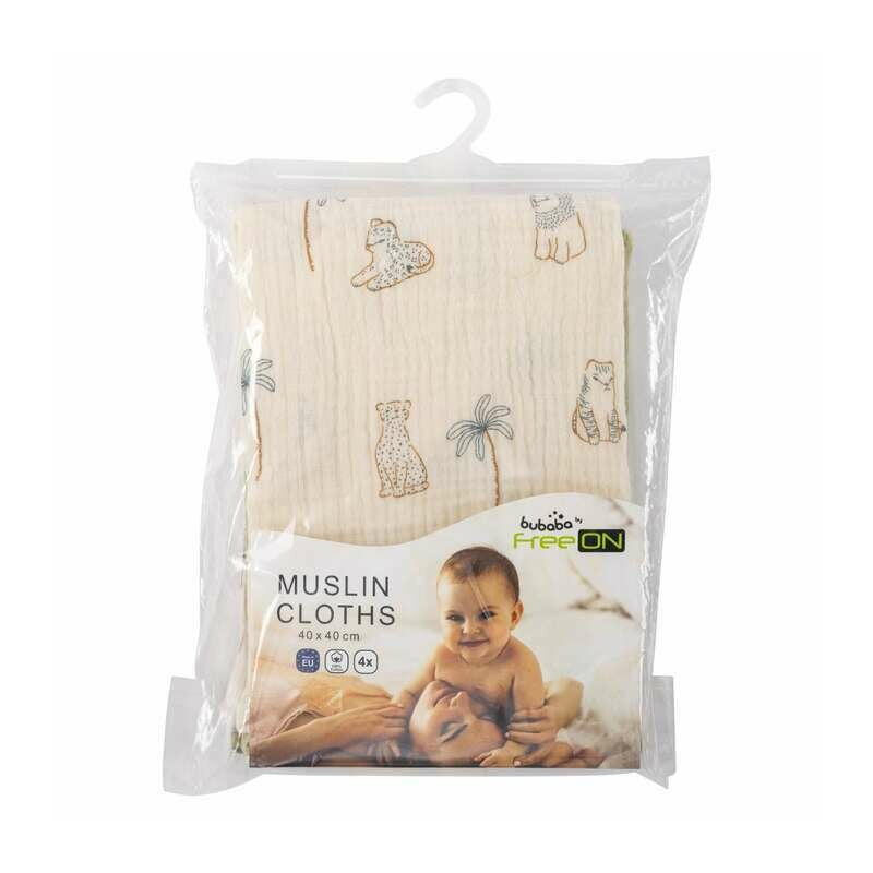 Set 4 lavete, Bubaba, Din muselina, Dimensiune 40x40 cm, Pentru spalarea si ingrijirea fetei si a corpului bebelusului dupa masa sau baita, Green/Beige