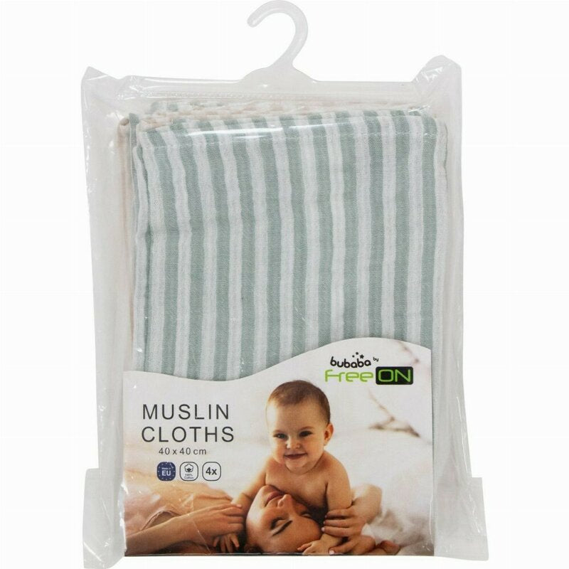 Set 4 lavete, Bubaba, Din muselina, Dimensiune 40x40 cm, Pentru spalarea si ingrijirea fetei si a corpului bebelusului dupa masa sau baita, Green Stripes