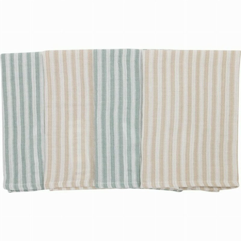Set 4 lavete, Bubaba, Din muselina, Dimensiune 40x40 cm, Pentru spalarea si ingrijirea fetei si a corpului bebelusului dupa masa sau baita, Green Stripes