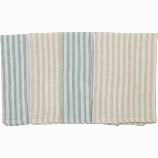 Set 4 lavete, Bubaba, Din muselina, Dimensiune 40x40 cm, Pentru spalarea si ingrijirea fetei si a corpului bebelusului dupa masa sau baita, Green Stripes