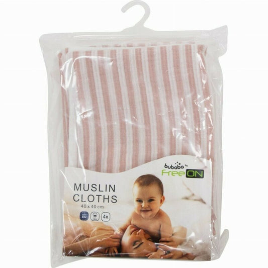 Set 4 lavete, Bubaba, Din muselina, Dimensiune 40x40 cm, Pentru spalarea si ingrijirea fetei si a corpului bebelusului dupa masa sau baita, Pink Stripes