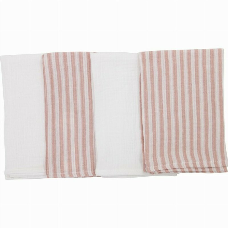 Set 4 lavete, Bubaba, Din muselina, Dimensiune 40x40 cm, Pentru spalarea si ingrijirea fetei si a corpului bebelusului dupa masa sau baita, Pink Stripes