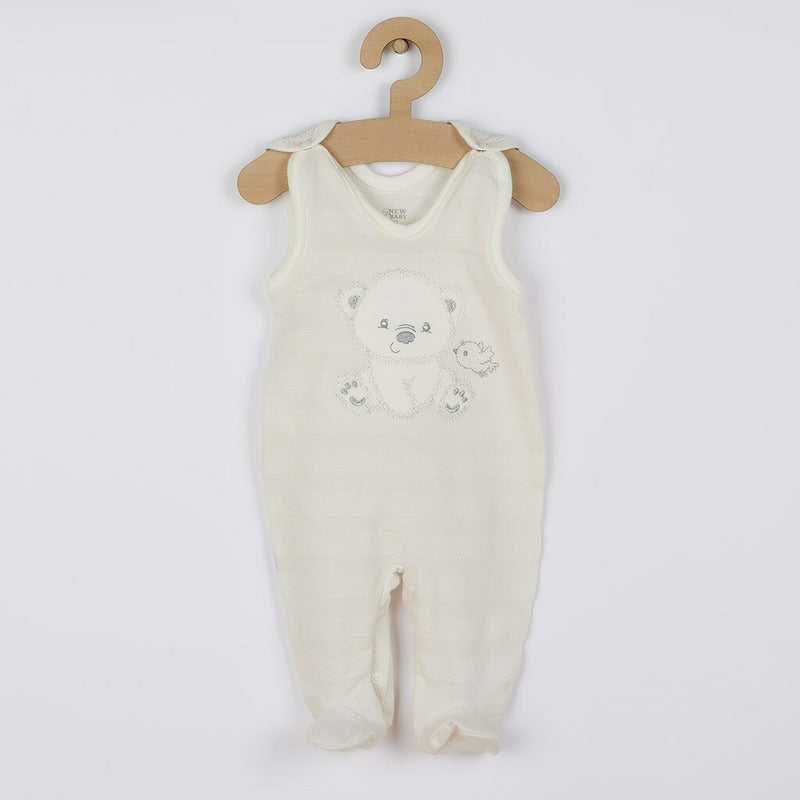 Set 4 piese, New Baby, Include bluza, body cu maneca lunga, salopeta fara maneci, caciulita, Marime 56, Din bumbac 100%, Sweet Bear Beige