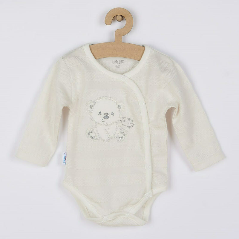 Set 4 piese, New Baby, Include bluza, body cu maneca lunga, salopeta fara maneci, caciulita, Marime 56, Din bumbac 100%, Sweet Bear Beige