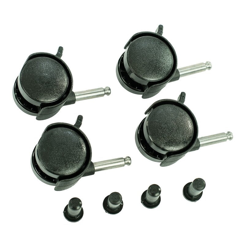 Set 4 roți pătuț BabyNeeds negru – cele patru roți negre, tijele metalice și piesele de montaj