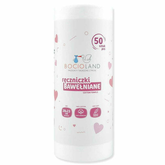 Set 50 bucati prosopele, Bocioland, Pe rola, Din bumbac, Hipoalergenice, Biodegradabile, 23x20 cm, White