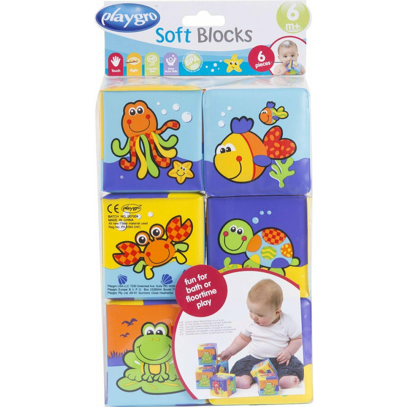 Set 6 cuburi noi pentru baie, Playgro, Cu animalute marine, Dimesiune 7.5 cm fiecare cub, Soft blockes for bath
