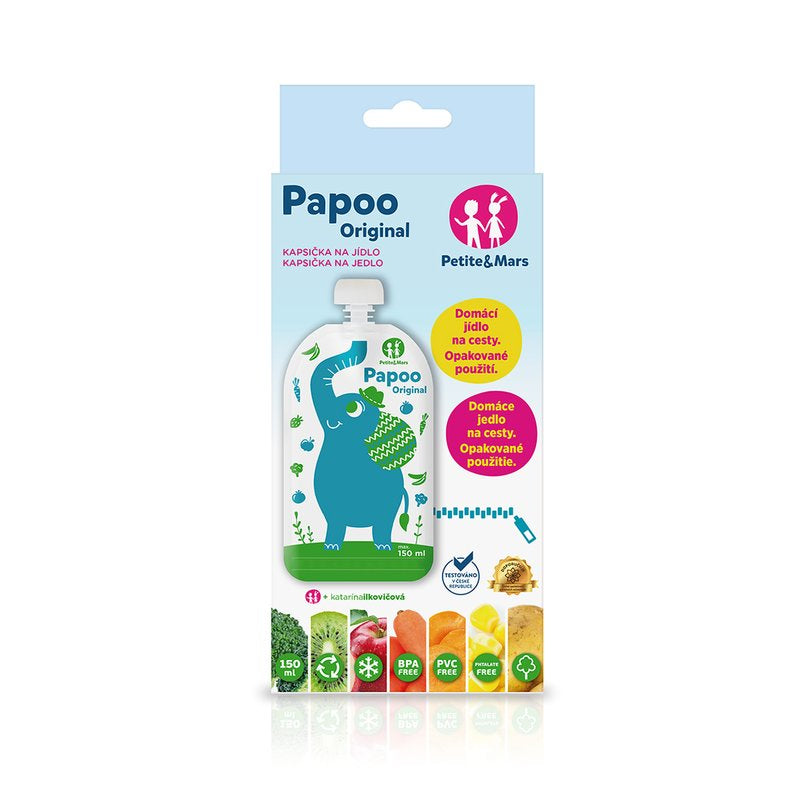 Set 6 pungi reutilizabile, Petite&Mars, Pentru hranire, Cu elefantei, Inchidere ermetica, 20x10 cm, 150 ml, Papoo Albastru