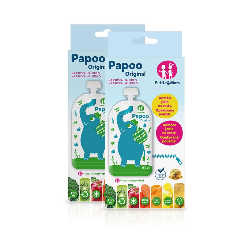 Set 6 pungi reutilizabile, Petite&Mars, Pentru hranire, Cu elefantei, Inchidere ermetica, 20x10 cm, 150 ml, Papoo Albastru