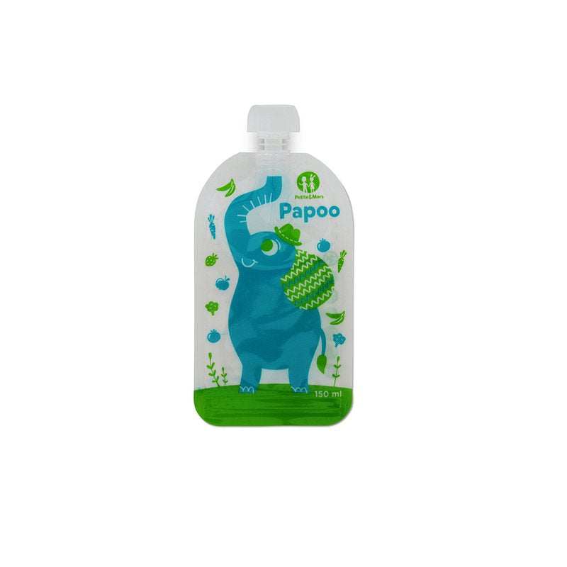 Set 6 pungi reutilizabile, Petite&Mars, Pentru hranire, Cu elefantei, Inchidere ermetica, 20x10 cm, 150 ml, Papoo Albastru