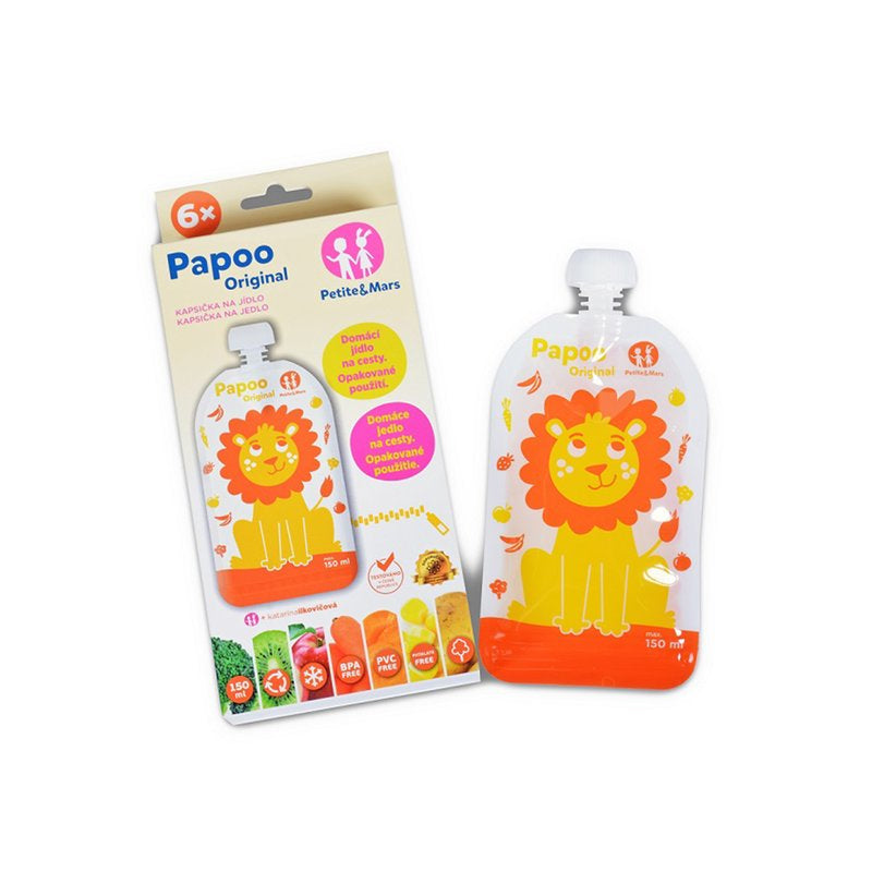 Set 6 pungi reutilizabile, Petite&Mars, Pentru hranire, Cu leuti, Inchidere ermetica, 20x10 cm, 150 ml, Papoo Portocaliu