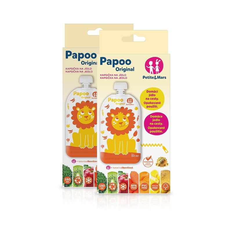 Set 6 pungi reutilizabile, Petite&Mars, Pentru hranire, Cu leuti, Inchidere ermetica, 20x10 cm, 150 ml, Papoo Portocaliu