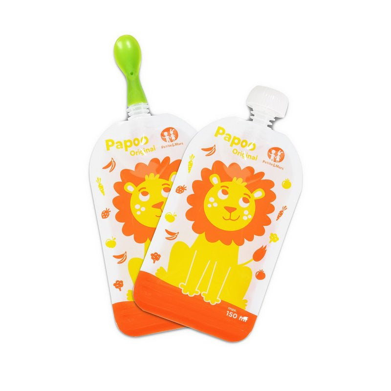 Set 6 pungi reutilizabile pentru hranire Petite&Mars Papoo 150 ml, portocaliu cu leuti