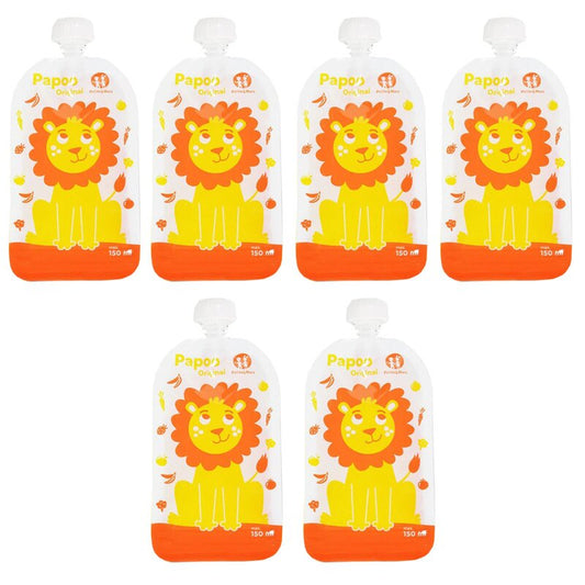 Set 6 pungi reutilizabile, Petite&Mars, Pentru hranire, Cu leuti, Inchidere ermetica, 20x10 cm, 150 ml, Papoo Portocaliu
