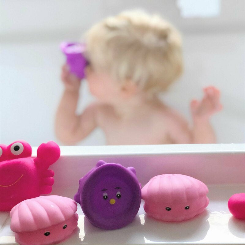 Set 7 animalute de baie, Fara gauri, Cu gentuta pentru transport, Fara BPA, Floating Sea Friends, Playgro, Pink