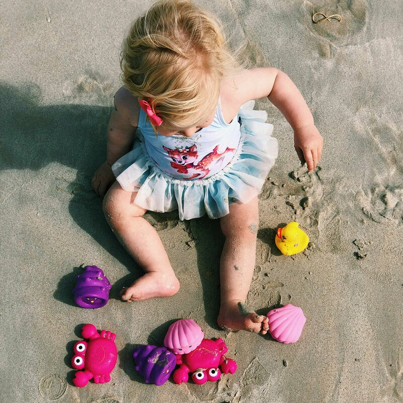 Set 7 animalute de baie, Fara gauri, Cu gentuta pentru transport, Fara BPA, Floating Sea Friends, Playgro, Pink