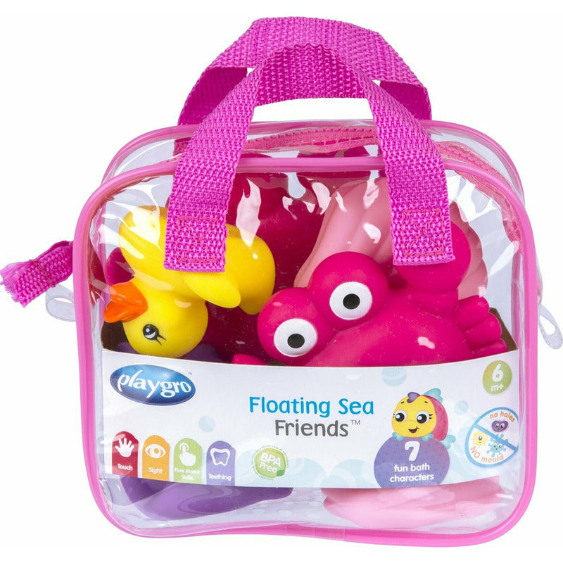 Set 7 animalute de baie, Fara gauri, Cu gentuta pentru transport, Fara BPA, Floating Sea Friends, Playgro, Pink
