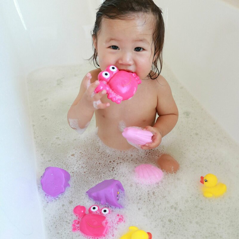 Set 7 animalute de baie, Fara gauri, Cu gentuta pentru transport, Fara BPA, Floating Sea Friends, Playgro, Pink