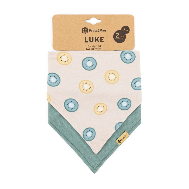 Set 2 Bavete Bandana Petite&Mars Luke Bumbac 100% Reglabile 3 luni+ Bej/Verde