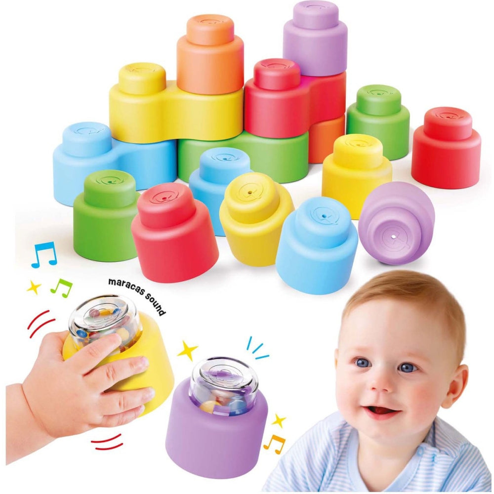 Set blocuri sonore Quercetti Momy Soft Happy Sound, 18 piese – blocuri colorate, blocuri sonore și copil