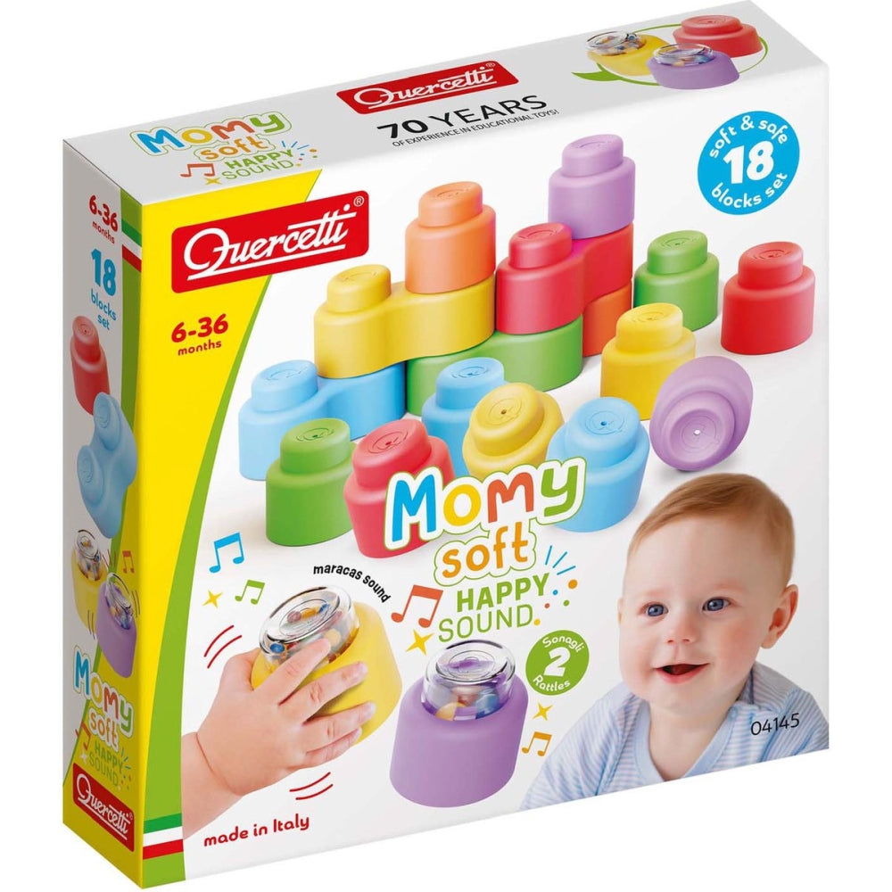Set blocuri sonore Quercetti Momy Soft Happy Sound, 18 piese – cutia setului Happy Sound cu 18 piese