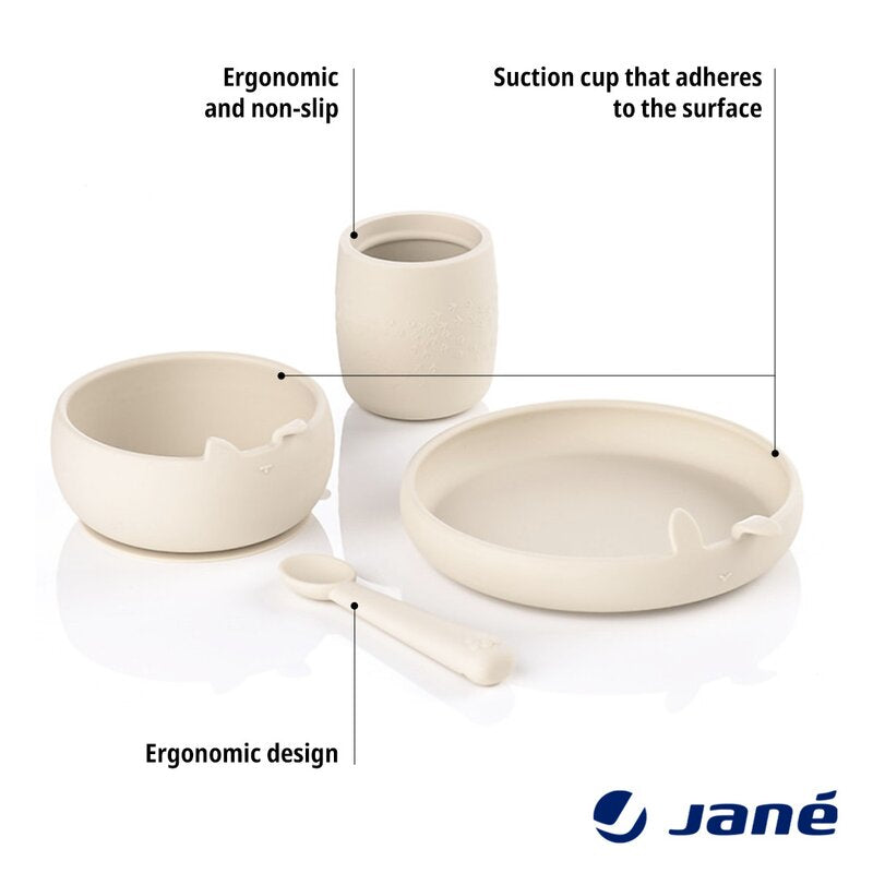 Set complet de masa, Jane, Din silicon, Cu 4 piese, Farfurie, Bol, Lingurita si pahar, BPA free, Pale