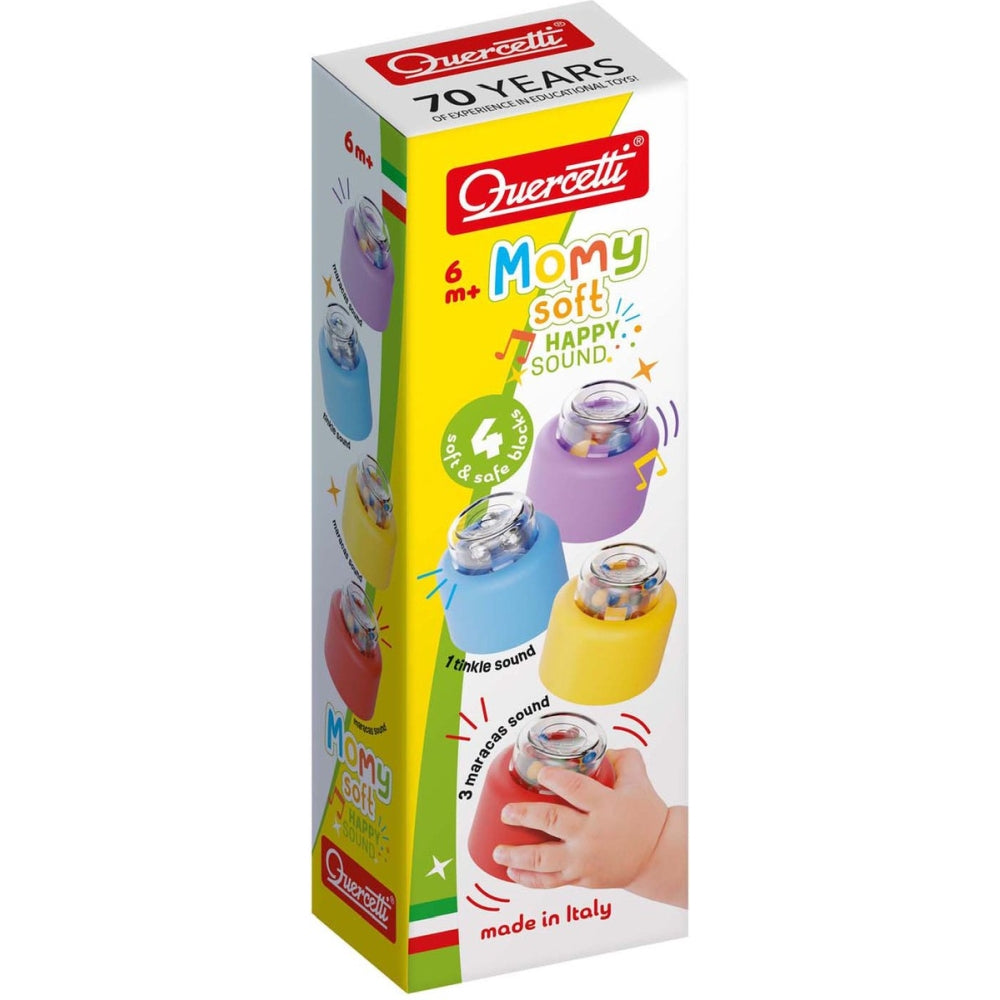 Set blocuri sonore Quercetti Momy Soft Happy Sound, 4 piese – cutia setului Happy Sound cu 4 piese