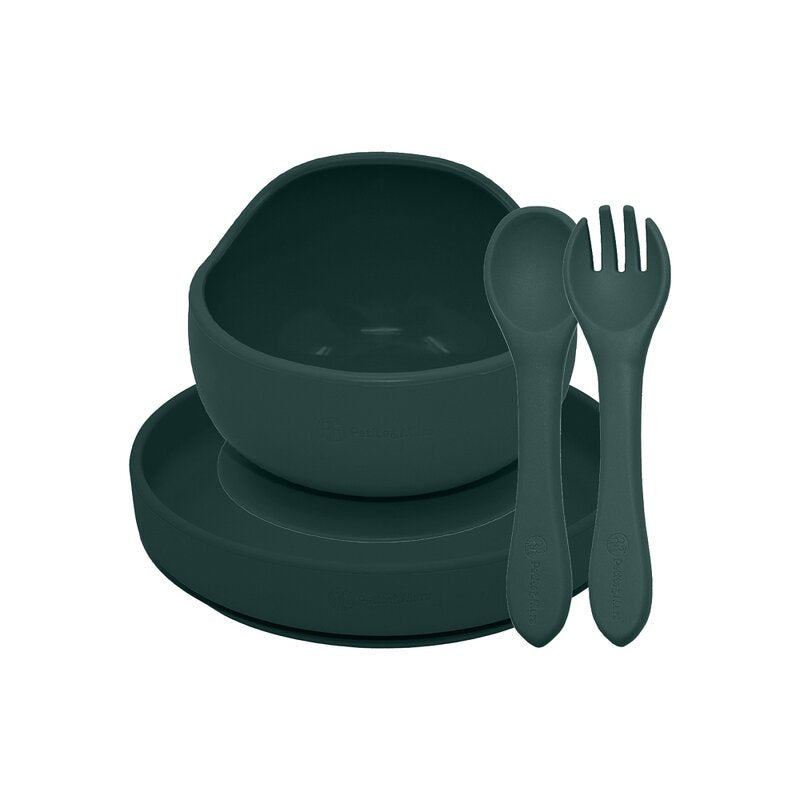 Set de hranire, Petite&Mars, Cu farfurie, Bol si tacamuri, Din silicon fara BFA, Verde inchis