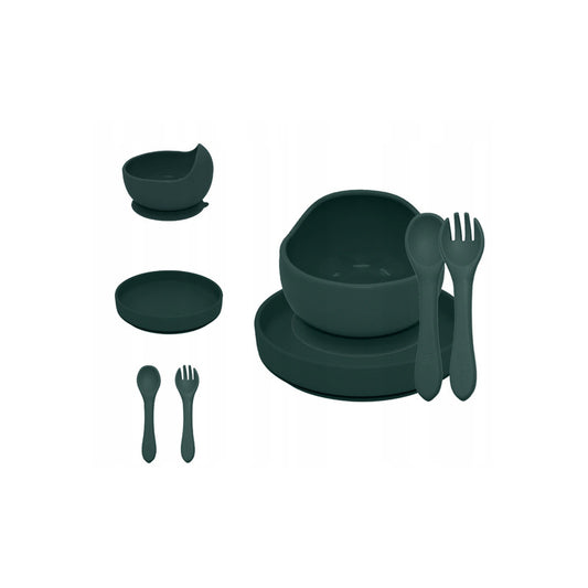 Set de hranire, Petite&Mars, Cu farfurie, Bol si tacamuri, Din silicon fara BFA, Verde inchis