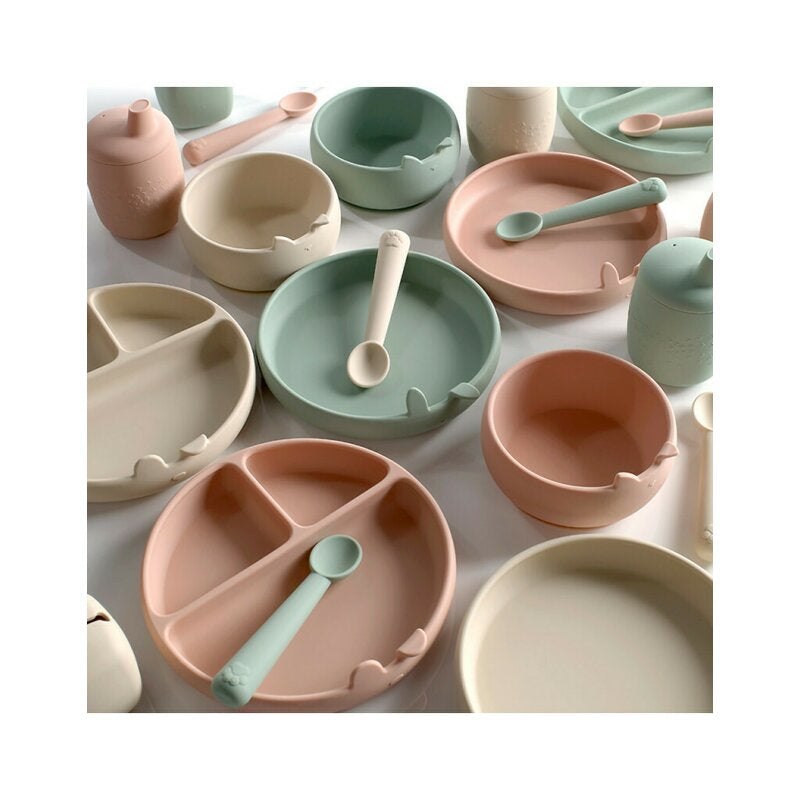 Set de masa, Jane, Din silicon, 2 piese, Cu bol si lingurita, BPA Free, Pale