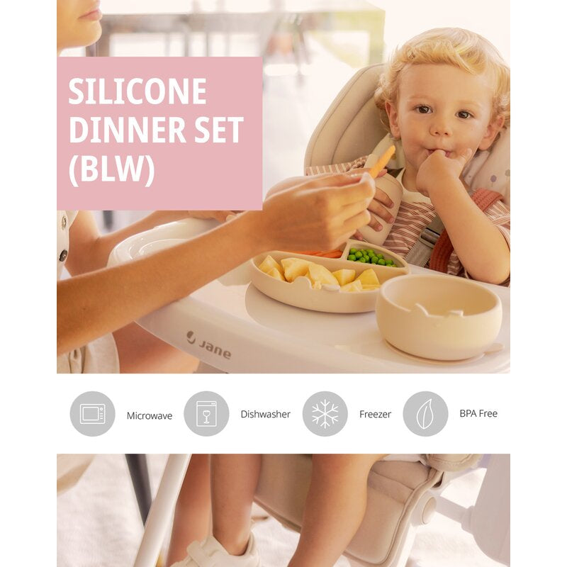 Set de masa, Jane, Din silicon, 2 piese, Cu bol si lingurita, BPA Free, Sand