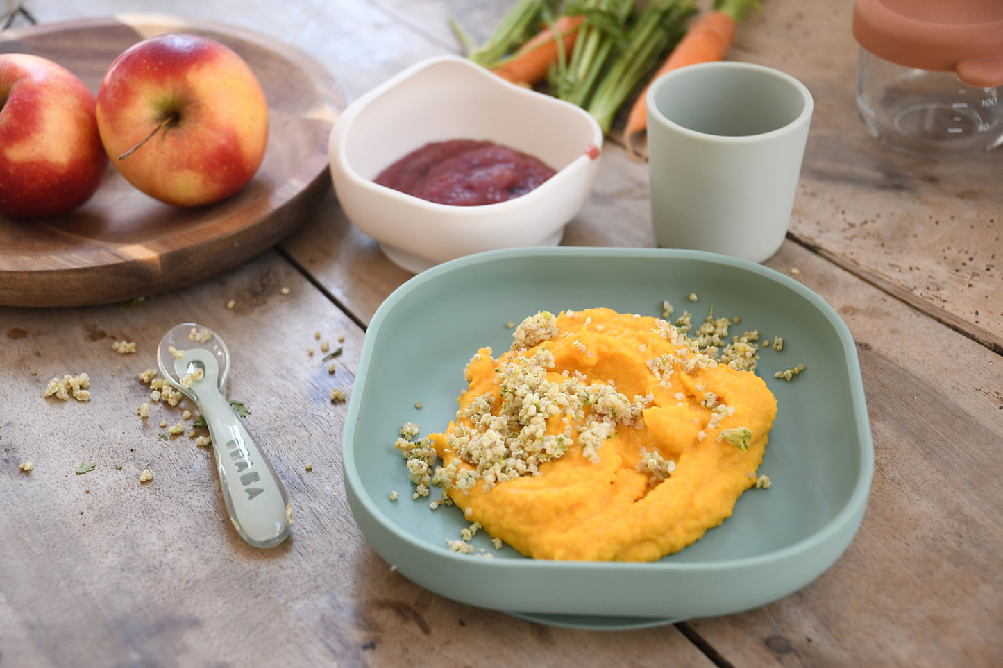 Set de Masă Silicon Beaba 4 Piese Sage Green Misty Green