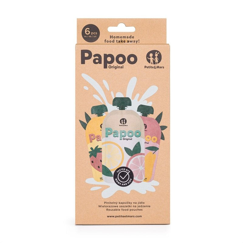 Set de pungi, Petite&Mars, Papoo, Pentru mancare, Reutilizabile, Perfect pentru calatorii, Fara BPA, 150 ml, Multicolor