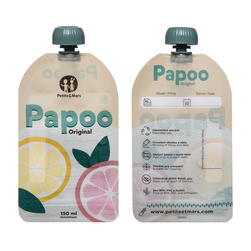Set de pungi, Petite&Mars, Papoo, Pentru mancare, Reutilizabile, Perfect pentru calatorii, Fara BPA, 150 ml, Multicolor