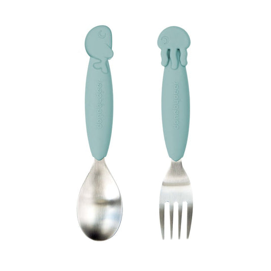 Set Furculita si Lingura Done by Deer Easy-grip Sea Friends Blue
