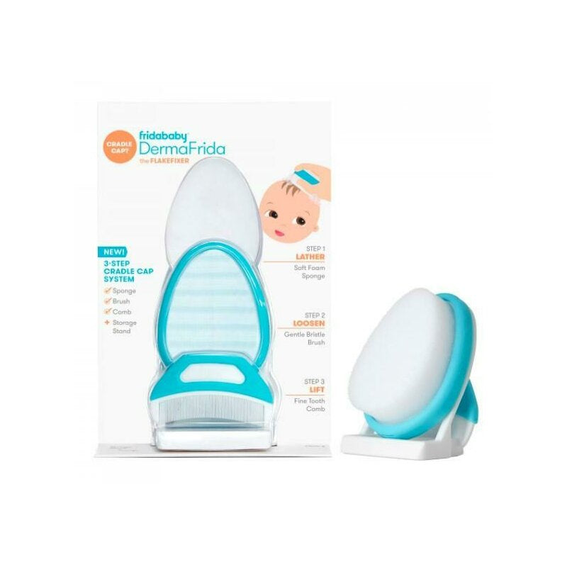 Set ingrijire scalp, Fridababy, DermaFrida, 3 in 1, Pentru dermatita seboreica la bebelusi, Include perie, burete si pieptene, Cu suport cu ventuza, De la nastere, Alb