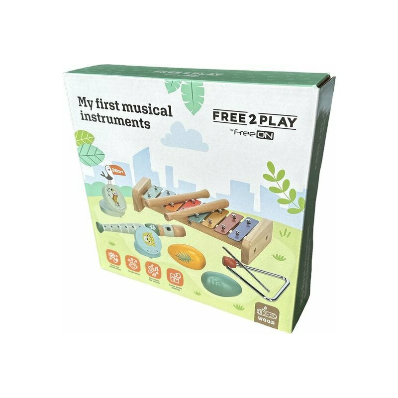 Set instrumente muzicale, Free2Play, 5 in 1, Contine xilofon, Fluier, Din lemn, Conform cu standardul european de securitate EN71/123, 3 ani+, Multicolor