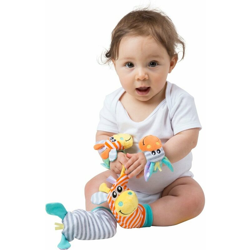 Set jucarii zornaitoare, Playgro, Include sosete interactive si 2 bratari, Inchidere cu velcro, Stimuleaza dezvoltarea senzoriala si tactila, 6 luni+, Jungle Wrist Rattle and Foot Finder